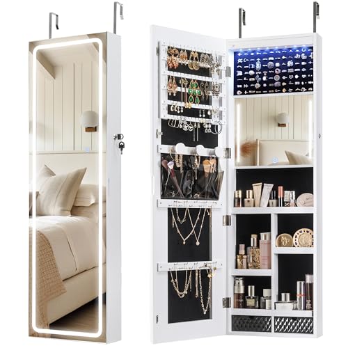 IRONCK Mirror Jewelry Cabinet, LED Wall Door Mount Full Length Jewelry Armoire with Makeup Mirror and Jewelry Storage, Large Capacity Lockable Jewelry Armoire Organizer, Gift Idea, White