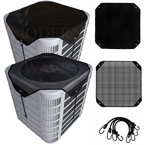 MODERN WAVE - 2 (Two) Central Air Conditioner Covers for Outside Units 32 x 32 inch - 1 (One) Top Universal Mesh Cover and 1 (One) Winter Waterproof Outdoor AC Defender Cover (Black, 32' x 32')