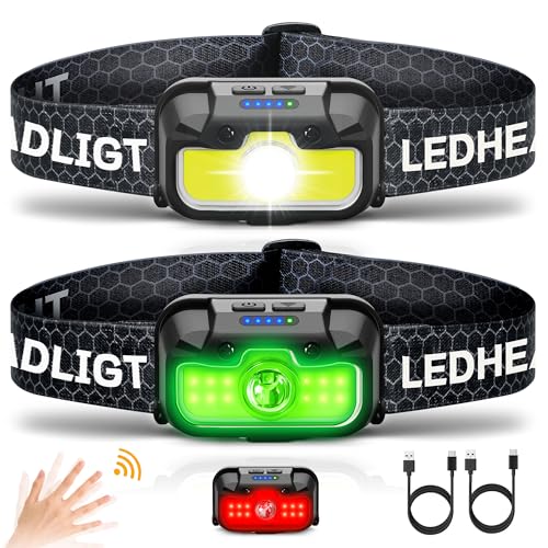 HOKOILN Headlamp Rechargeable, 2 Pack 1300 Lumen Ultra-Light Bright Head Lamp with White Red Green, 14 Modes Adjustable Waterproof Motion Sensor Headlight for Outdoor Camping Running Cycling Hiking