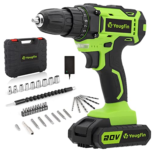 Yougfin Cordless Drill Set, 20V Power Drill Kit with Battery and Charger, 3/8' Keyless Chuck, Variable Speed, 25+1 Torque Setting, 34pcs Accessories Electric Drill Driver