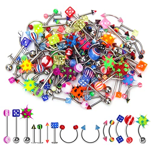 CrazyPiercing Lot of 110PCS Body Jewelry Piercing Eyebrow Navel Belly Tongue Lip Bar Ring