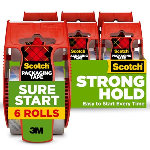 Scotch Sure Start Shipping Packaging Tape, 1.88'x 22.2 yd, Designed for Packing, Shipping and Mailing, Quiet Unwind, No Splitting or Tearing, 1.5' Core, Clear, 6 Dispensered Rolls (145-6)