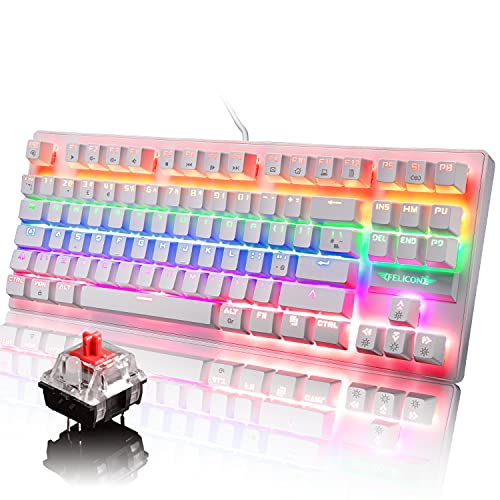 MANBASNAKE K2 Mechanical Gaming Keyboard Rainbow LED Backlit Wired with Anti-Dust Proof Red Switches for Windows PC(White)