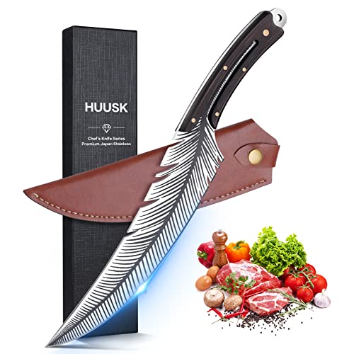 Huusk Sharp Feather Knife Hand Forged Viking High Carbon Steel Butcher Knife Boning knife for Meat Cutting Japanese Chef Cooking Knife with Sheath for Kitchen Outdoor Camping