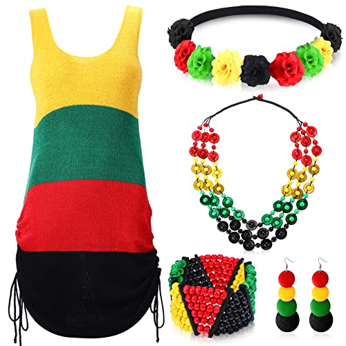 Hicarer 5 Pcs Jamaican Cover Ups Women African Beach Accessories Set Rainbow Crochet Dress Jamaican Outfits for Summer Boho Jewelry (Elegant Style)