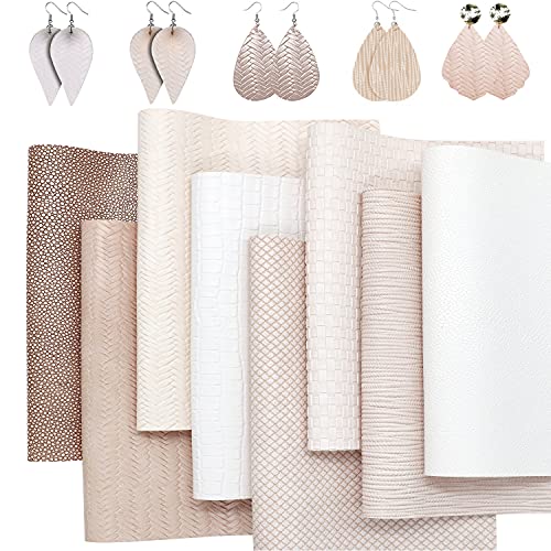 LOTOFUN 8Pcs/Set Braided Faux Leather Sheets Weave Embossed Textured Beige Series Mixed Woven Lattice Striped Vinyl Fabric A4 8x12 Inch for Making Bohemia Leaf Earrings Hair Bow Handbag and DIY Crafts