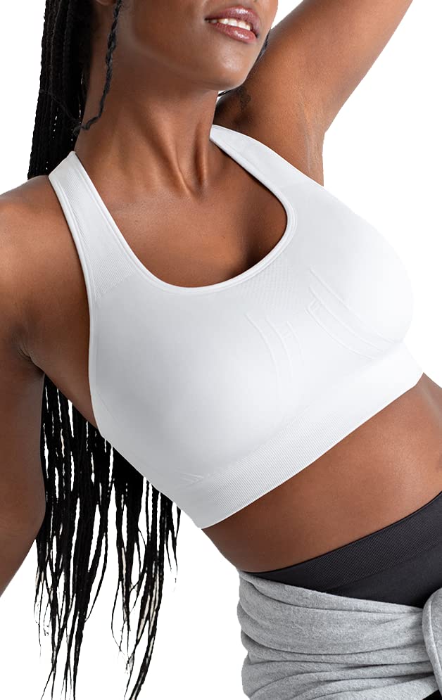 SHAPERMINT Seamless Racerback Wireless Sports Bra for Women with Removable Cups | Low Compression Womens Workout Tops | from Small to Plus Size Bras, 3X-Large, White