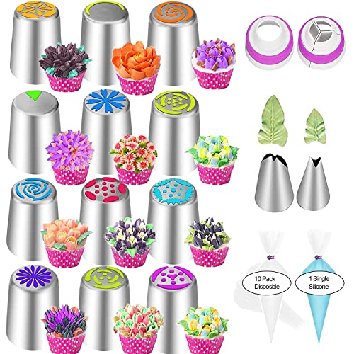 JAYVAR 27 Russian Piping Tips, Piping Bags and Tips Set, 12 Flower Frosting Tips Nozzles for Cake Decorating, Baking Supplies for Cupcake Cookie, 2 Leaf Piping Tips 2 Couplers 11 Pastry Baking Bags