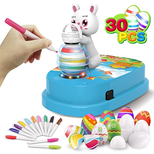 Engfa Easter Egg Decorating Kit, Bunny Spinner, Easter Crafts and Decoration Machine with 12 Dying Markers 30 Plastic Fake Eggs and Slings, Kids Easter Basket Stuffers Gifts