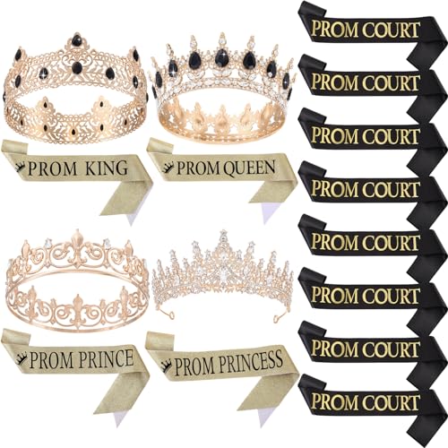 Saintrygo 16 Pcs Prom King and Prom Queen 80s Prom Decor Crowns Tiara Sash Shiny Satin for Party Favors Adults Cosplay Decorations (Exquisite Styles)