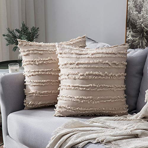 MIULEE Set of 2 Decorative Boho Throw Pillow Covers Linen Striped Jacquard Pattern Cushion Covers for Sofa Couch Living Room Bedroom 18x18 Inch Beige