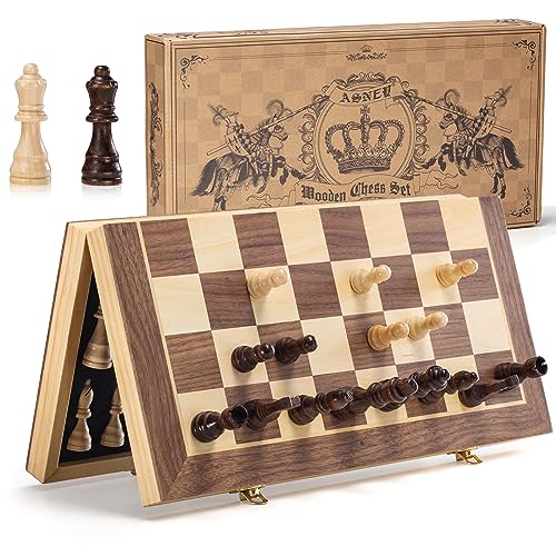 ASNEY Upgraded Magnetic Chess Set, 15' Tournament Staunton Wooden Chess Board Game Set with Magnets, Crafted Chesspiece ans Storage Slots for Kids Adult, Includes Extra Queens