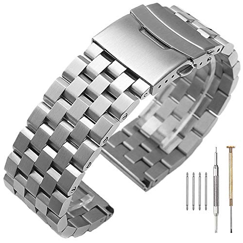 SINAIKE 22mm Watch Band For Men Brushed Stainless Steel Watch Bracelet 5 Rows Engineer Wristband Heavy Double Lock Clasp Watch Belt Solid Metal Silver Strap