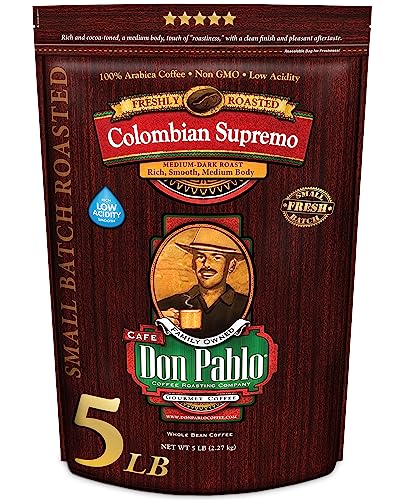 5LB Don Pablo Colombian Supremo - Whole Bean Arabica Coffee - Medium-Dark Roast - Low Acidity - 5 Pound (5 lb) Bag