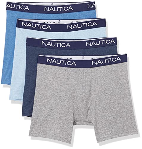 Nautica Men's 4 Pack Stretch Boxer Brief, Light Grey Heather/Sea Mist Heather/Dutch Heather/Peacoat Heather, Medium