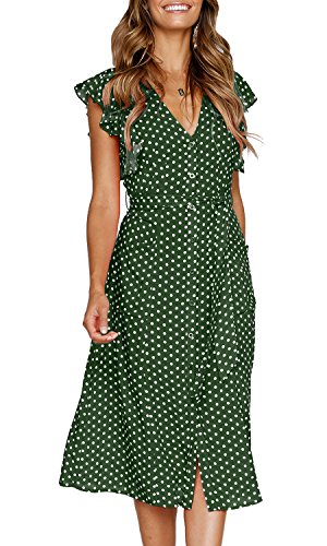MITILLY Women's Boho Polka Dot Flutter Short Sleeve V Neck Button Down Swing Midi Dress with Pockets Large Green