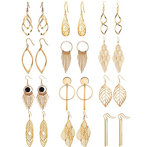 12 Pairs Drop Dangle Brass Earrings Water Drop Fashion Jewelry Vintage Statement Boho Bohemian Earrings Set for Women Girls