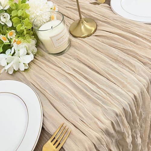 Table Runner 10ft, BGHEOUYV Cheesecloth Table Runner 35x120 inch, Christmas Table Runner Gauze Rustic Table Runner for Bridal Shower Decorations, Wedding Thanksgiving Christmas Birthday Decor (Nude)
