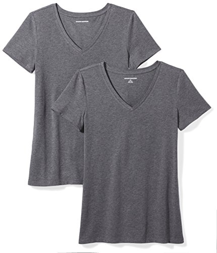Amazon Essentials Women's Classic-Fit Short-Sleeve V-Neck T-Shirt, Pack of 2, Charcoal Heather, Medium