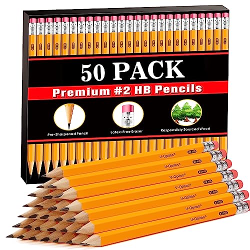 V-Opitos Wood-Cased #2 HB Pencils, 50 Pack Pre-Sharpened Pencils with Top Erasers, Bulk Yellow Pencils for School Teacher Supplies, Writing, Drawing and Sketching