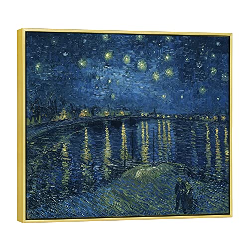 Wieco Art Framed Art Canvas Prints of Starry Night Over The Rhone Canvas Prints Wall Art by Van Gogh Paintings Reproduction Abstract Artwork for Living Room Wall Decor Golden Frame