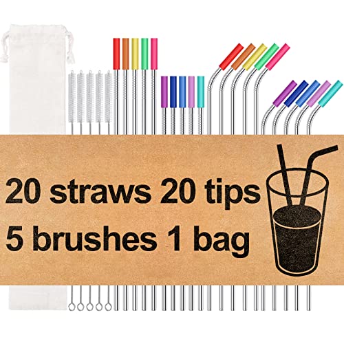 20 Pack Reusable Stainless Steel Metal Straws,10.5' & 8.5' Reusable Drinking Straws with 20 Silicone Tips 5 Straw Brushes 1 Travel Case,Eco Friendly Extra Long Metal Straw Fit for 20 24 30 oz Tumbler