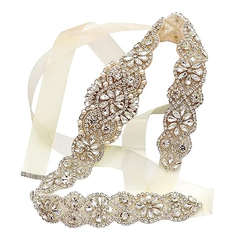 yanstar Bridal Rhinestone Wedding Belts Hand Clear Crystal 22In Length with Ivory Organza Ribbon for Bridal Gowns