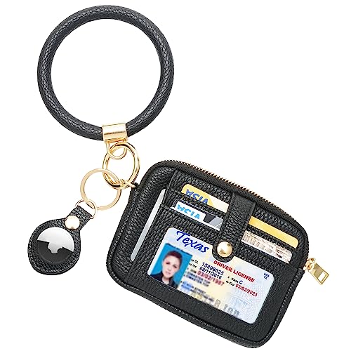 SNUGSTAR Round Bangle Keychain ID Card Holder Card Pocket Wristlet Keychain Bangle Key Ring for Women Girls (Id Card & Airtags Holder Purse Litchi Pattern04 Black)