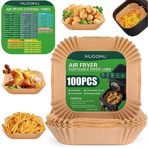 Air Fryer Disposable Square Parchment Liners, Non-Stick, Water Proof - 100 Pack of 6.3 inch Liners for Frying Pans and Microwaves