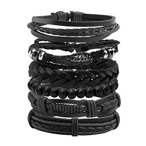 Mafnee 6PCS Braided PU Leather Bracelet Punk Cuff Wrap Bracelets for Men Women Adjustable Black