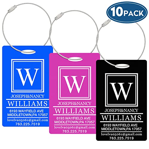 10 PCS Personalized Luggage Tags, Custom Engraved Aluminum Luggage Tags for Family, Metal Luggage Tags for Suitcases, Backpack, Custom Solid Brass Luggage Tag with Strap, Two Sided Engraving (Black)