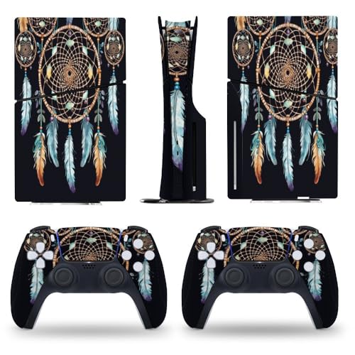 Buyidec Sticker Skin for PS5 Slim Disc Dream Catcher Feathers Skin Console Controller Accessories Cover Skins Anime Vinyl Cover Sticker Full Set for Playstation5 Slim Disk Edition