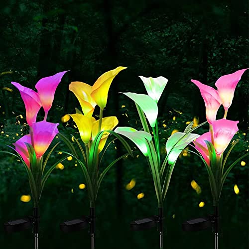 YUSALCEF 4 Pack Solar Flower Lights Outdoor Waterproof, 7 Colors Changing Calla Lily Flower Lights, Solar Garden Stake Lights, LED Lily Solar Powered Lights for Patio, Lawn, Garden, Yard Decoration