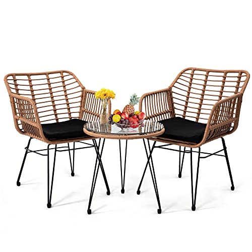 KROFEM 3 Pieces Wicker Patio Bistro Furniture Set, Includes 2 Chairs and Glass Top Table, Ideal for Porch, Outdoor, Backyard, Apartment, Balcony Natural Color