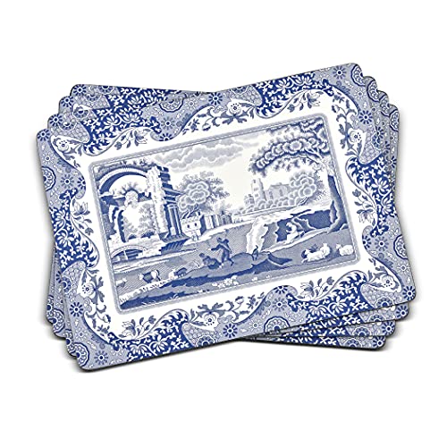 Spode Blue Italian Collection Placemats | Set of 4 | Heat Resistant Mats | CorkBacked Board | Hard Placemat Set for Dining Table | Measures 15.7 x 11.7