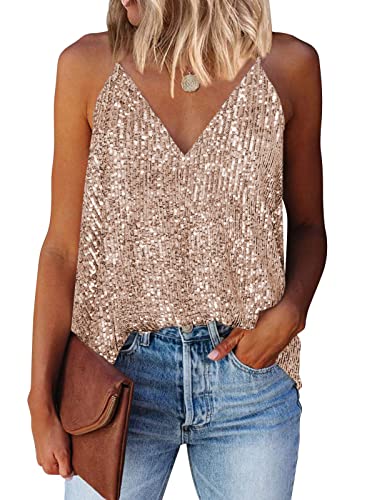 miduo Women's Tank Tops Summer Spring Fashion Sequin V Neck Racerback Tanks Tops Cami Shirts Sleeveless Tops Blouses Going Out Gold M