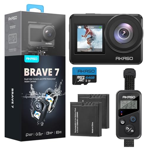 AKASO Brave 7 Action Camera 4K30FPS 20MP with 64GB U3 MicroSDXC Memory Card, Waterproof Camera with Touch Screen IPX8 33FT EIS 2.0 Zoom Support External Mic Voice Control with 2X 1350mAh Batteries