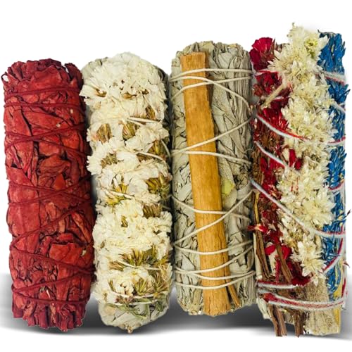 Bholi Sage Plus Sage Smudge Kit for Cleansing Negative Energy and Cleansing Home Sinuata, Dragon Blood, Cinnamon and Triple Flower Dried - 4'' Long Pack of 4 White California Sage Sticks