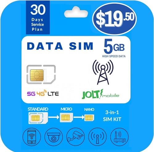 Jolt Mobile Data SIM Card - 5GB Internet 30 Days Data Plan on AT&T 5G 4G LTE Network Compatible with Any Unlocked IoT Devices - USA Coverage - Business-Office-Home Use. - Triple Cut SIM