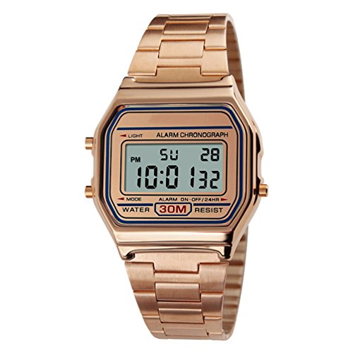 VIGOROSO Men Lady Vintage Retro Gold Stainless Steel Digital Casual Watch Alarm Stopwatch(Rose Gold)