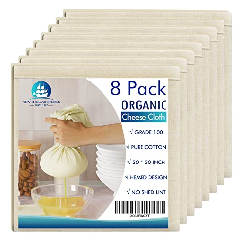 8 PCS Reusable Cheesecloth, Grade 100, 20x20 Inch Hemmed Organic Cheese Cloth for Straining Craft, 100% Cotton Unbleached Cloth Strainer for Cooking, Baking, Juicing, Cheese Making