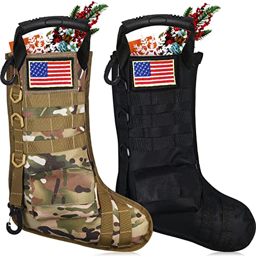 WILLBOND 2 Pcs Tactical Christmas Stockings Military Christmas Stocking Bags with American Flag Patches Xmas Stockings Molle Gear Pouch Hanging Christmas Ornaments Home Decors (Classic Style)