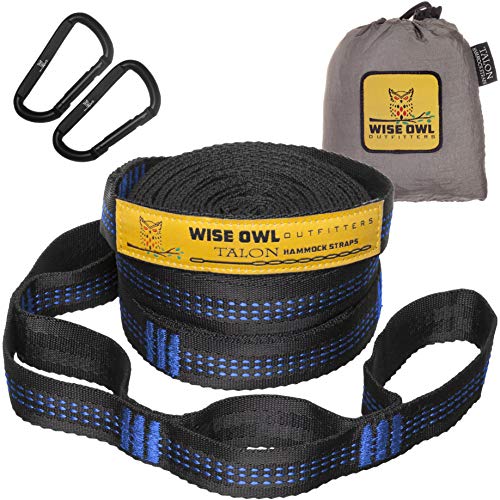 Wise Owl Outfitters Talon Hammock Straps - Combined 20 Ft Long, 38 Loops W/ 2 Carabiners - Easily Adjustable, Tree Friendly Must Have Gear for Camping Hammocks Like Eno Blue Stitching