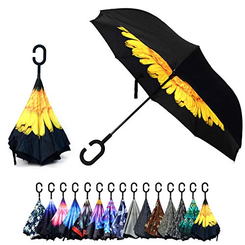 Parquet Yellow Flower Double Layer Inverted Umbrellas - C Shaped Handle Reverse Folding Windproof Umbrella for Men and Women