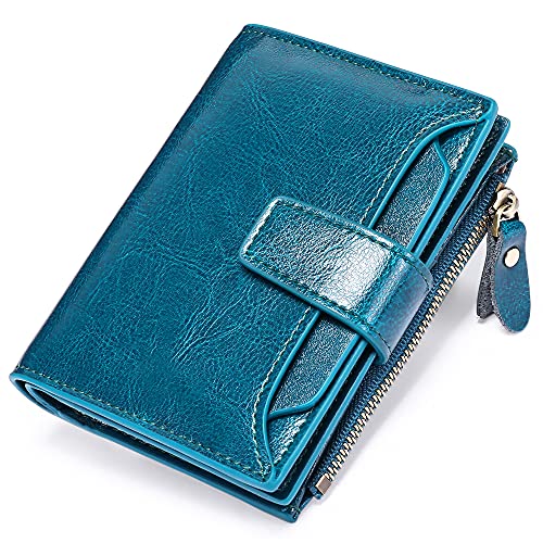 FALAN MULE Women's Genuine Leather Bifold Compact RFID Blocking Wallet, Blue, 5.12 x 3.93 x 1.2 in