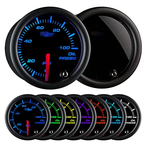GlowShift Tinted 7 Color 100 PSI Oil Pressure Gauge Kit - Includes Electronic Sensor - Black Dial - Smoked Lens - for Car & Truck - 2-1/16' 52mm