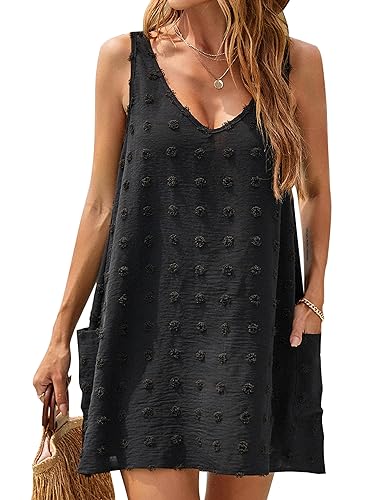 Blooming Jelly Womens Casual Sun Summer Dresses Sexy Swimsuit Cover Up V Neck Sleeveless Dress (Large, Black)