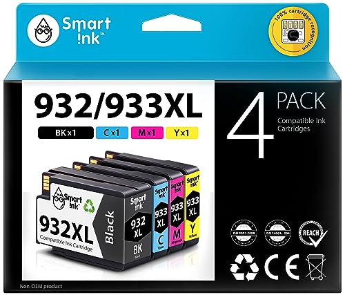 Smart Ink Compatible Ink Cartridge Replacement for HP 932XL 933XL 932 XL 933 XL 4 Combo Pack (XL Black, Cyan, Magenta Yellow) to use with HP Officejet 6100 6600 6700 7110 7510 7610 7612 7620 Printers