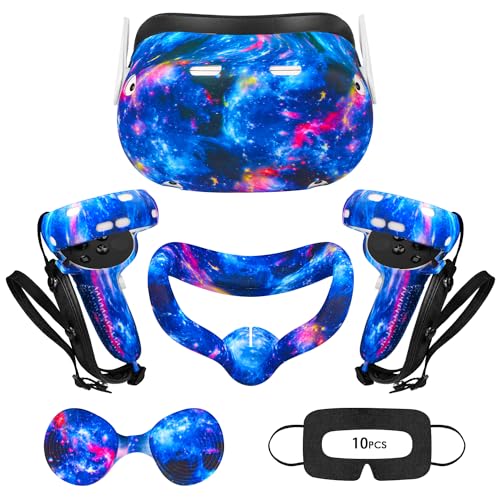 AIXOTO VR Accessories for Oculus Quest 2, 4 in 1 Silicone Set for Meta Quest 2, Include Face Cover, Controller Grip Cover, Shell Cover, Lens Cover & 10PCS Disposable Eye Cover (for Quest 2, Galaxy)