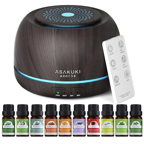 ASAKUKI Essential Oil Diffusers with 10Pcs*10ml Pure Essential Oil Gift Set, 5 in 1 Ultrasonic 300ML Aromatherapy Fragrant Oil Humidifier Vaporizer with Remote Control, Timer and Auto-Off-Black